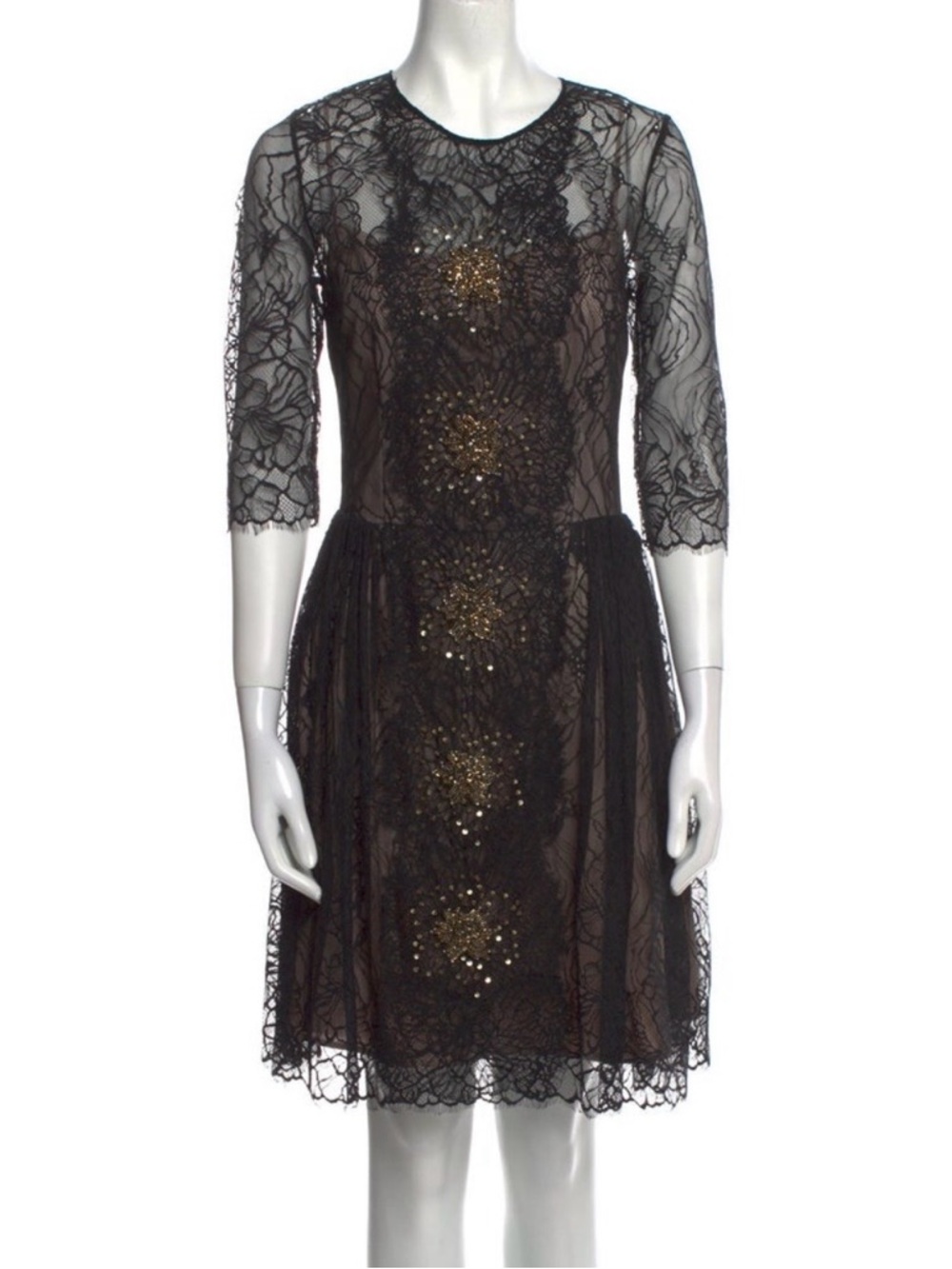 Black Lace Midi Dress with Gold Sequin Detail